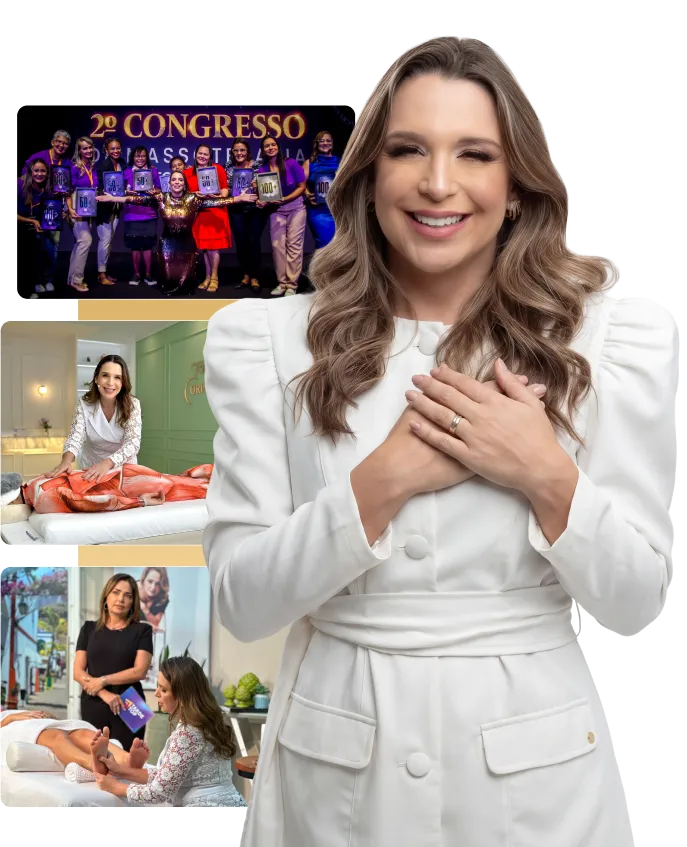 Ana Martha com registros do 2º Congresso de Massoterapia, de um atendimento em spa e de uma reportagem de TV